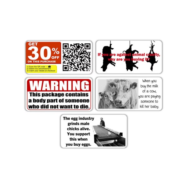 Vegan activist stickers mix pack (fake discount Qr code, hanged cow pig chicken cruelty, Warning body part, calf mother separated, egg)