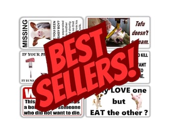 Vegan activist stickers mix pack BEST SELLERS #1 (missing calf, tofu doesn't scream, personal choice victim, warning, animal body part, pig)