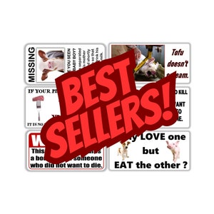 Vegan activist stickers mix pack BEST SELLERS #1 (missing calf, tofu doesn't scream, personal choice victim, warning, animal body part, pig)