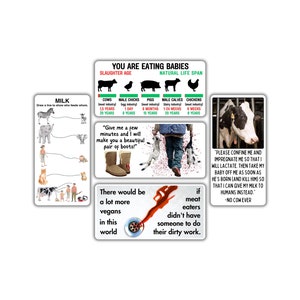 Vegan activist stickers mix pack (milk is for babies, you are eating babies slaughter, boots sheep skin lamb, meat eater dirty work, milk)