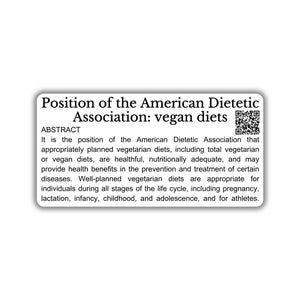 Vegan activist stickers pack position of the American dietetic association vegan diet healthy at all stage of life scientific facts qr code