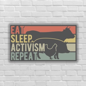 Vegan sticker Eat sleep rescue animals repeat retro style cow pig chicken silouhettes sticker animal liberation activist right to rescue fta