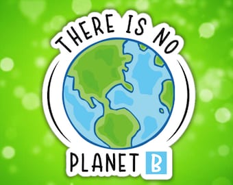 May include: A sticker featuring a cartoon illustration of the Earth, with the text "THERE IS NO PLANET B" in black lettering. The Earth is depicted in green and blue with a white outline. The sticker has a white border and a white dotted line around the Earth.