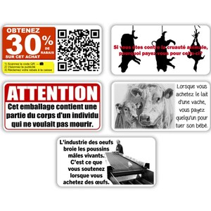 Végane activiste autocollants paquet pack sticker activist (coupon rabais, cruauté animale, attention, lai de vache, industrie des oeufs)