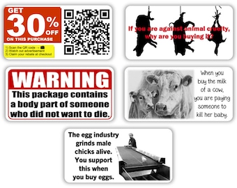 60 Vegan activist paper stickers / indoors use / animal products edition / 7E