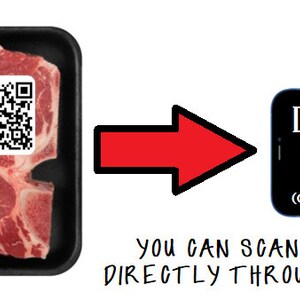 May include: A red sticker with a QR code and the text "Get 30% off on this beef meat purchase." is attached to a raw T-bone steak in a black plastic tray. The steak is labeled "Angus Premium Choice Beef" and "USDA Choice". The image includes the text "DOMINION (COWS THROAT SLIT PART)" and "YOU CAN SCAN THE QR CODE DIRECTLY THROUGH YOUR SCREEN".