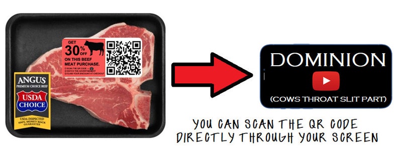 May include: A red sticker with a QR code and the text "Get 30% off on this beef meat purchase." is attached to a raw T-bone steak in a black plastic tray. The steak is labeled "Angus Premium Choice Beef" and "USDA Choice". The image includes the text "DOMINION (COWS THROAT SLIT PART)" and "YOU CAN SCAN THE QR CODE DIRECTLY THROUGH YOUR SCREEN".