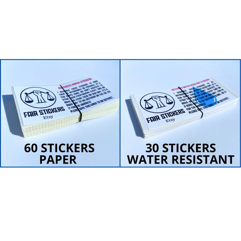 May include: Two stacks of stickers with a black and white illustration of a fist holding a scale. The top stack is labeled "60 Stickers Paper" and the bottom stack is labeled "30 Stickers Water Resistant".