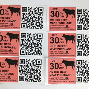 May include: Six red and white coupons with a black cow silhouette and the text "Get 30% off on this beef meat purchase." Each coupon has a black and white QR code.