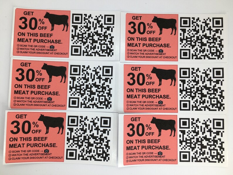 May include: Six red and white coupons with a black cow silhouette and the text "Get 30% off on this beef meat purchase." Each coupon has a black and white QR code.