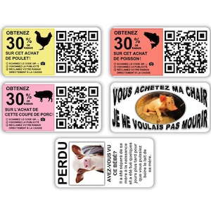 Végane activiste autocollants paquet pack sticker activist (faux rabais poulet, qr code poisson, coupon porc, cochon mourir, veau mère)