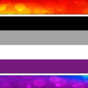 May include: Asexual pride flag with horizontal stripes of black, gray, white, and purple, set against a rainbow bokeh background. The flag is framed in white, symbolizing the asexual community.