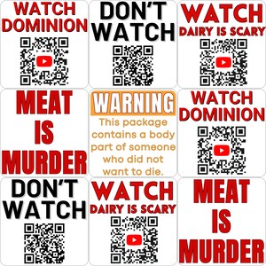 Vegan activist stickers mix pack (watch dominion, qr code don't watch, watch dairy is scary, meat is murder, warning body part not want die) imagem 8