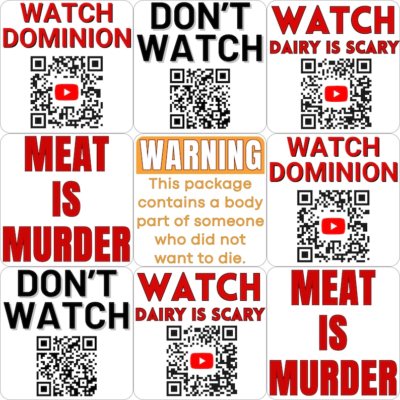 Vegan activist stickers mix pack (watch dominion, qr code don't watch, watch dairy is scary, meat is murder, warning body part not want die) imagem 8