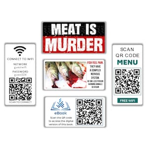 Vegan activist stickers mix pack (meat is murder, fish feel pain, fake qr code, fake wifi watch dominion, fake menu dominion documentary)