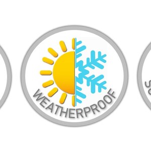May include: Three gray circular icons with white text and illustrations. The first icon shows a blue water drop and says "WATERPROOF". The second icon shows a yellow sun and a blue snowflake and says "WEATHERPROOF". The third icon shows a gray key with a speed line and says "SCRATCH RESISTANT".