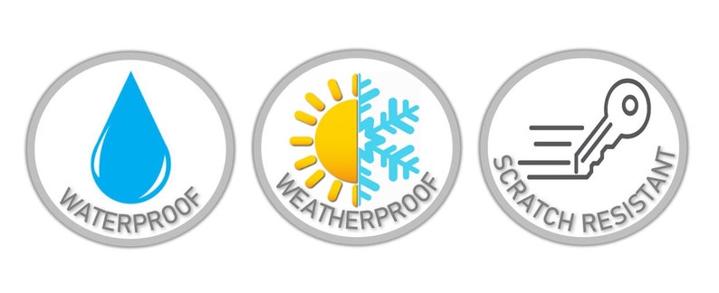 May include: Three gray circular icons with white text and illustrations. The first icon shows a blue water drop and says "WATERPROOF". The second icon shows a yellow sun and a blue snowflake and says "WEATHERPROOF". The third icon shows a gray key with a speed line and says "SCRATCH RESISTANT".