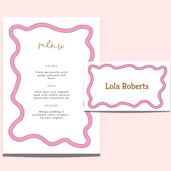 table place setting cards template Pink Squiggle Menu and Place Card Set, Hand drawn, Wavy Set Bridal Shower/Wedding, Download Instantly, Printable, Templett.