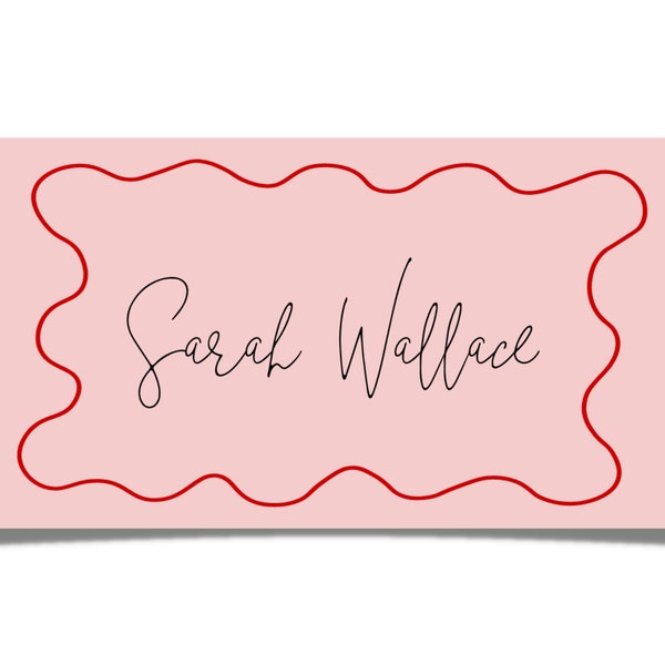 Red/Pink Squiggle Editable Placecard Template, Wavy Modern Name Card, Bridal Shower, Wedding and Birthday stationery, Download Instantly