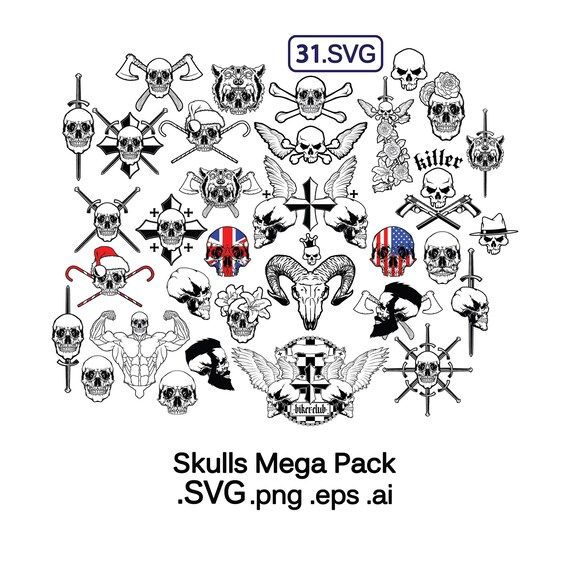 Skull Vector Svg Mega Pack Set Fight Criminal Combat Etsy