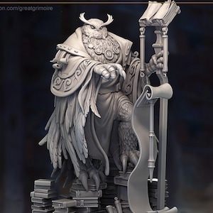 The Owl Archivist on 2 inch base - Preprimed 3D Printed Miniature Model by Great Grimoire for Tabletop RPGs