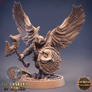 Owl Aarakocra Warrior | Skyborn of Aquila | 3D Printed 32mm or 75mm model by Daybreak Miniatures | 8K Resolution & Primed