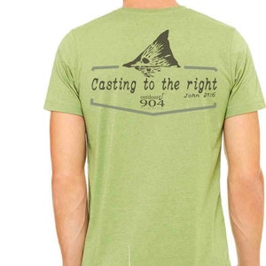 May include: Green t-shirt with a graphic of a fish tail and the text "Casting to the right John 21:6 outdoors 904 Florida"