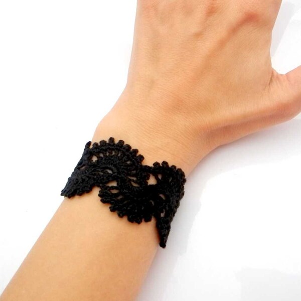 Black crochet lace bracelet, adjustable, boho cotton bracelet, weaven bracelet, friendship bracelet, gift for her