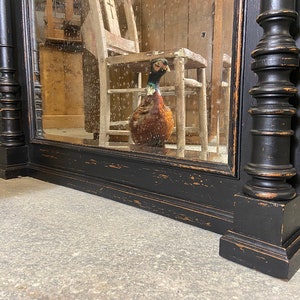 May include: A black wooden mirror with a distressed finish and ornate detailing. The mirror is reflecting a pheasant.
