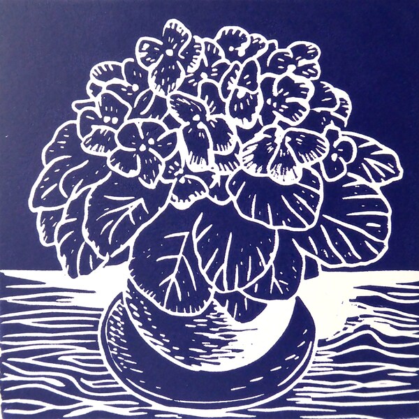 African violets. Original Lino Print Greetings card. Hand Printed in Violet on White. Blank Inside.