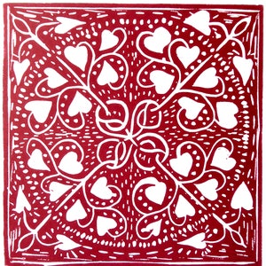 Celtic Hearts. Lino print greetings card. Rich Red or Teal on white , Hand printed.