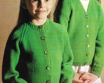 Girl's V neck and plain round neck cardigan for children double knit knitting pattern PDF 24-34", Childrens Vintage pattern Instant download