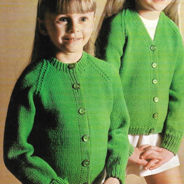 Girl's V neck and plain round neck cardigan for children double knit knitting pattern PDF 24-34", Childrens Vintage pattern Instant download