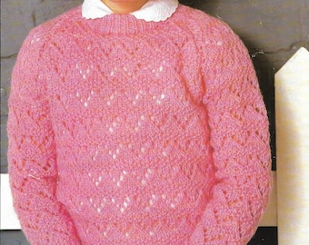 Girl's lacy crew neck sweater jumper DK knitting pattern PDF 20-30", Double knitting Instant download, Vintage 1980's children's pattern PDF