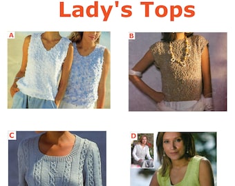 Womens tops knitting pattern, 6 short sleeve, sleeveless summer sweater vests round neck button up jumper lacy tee top, Instant download PDF