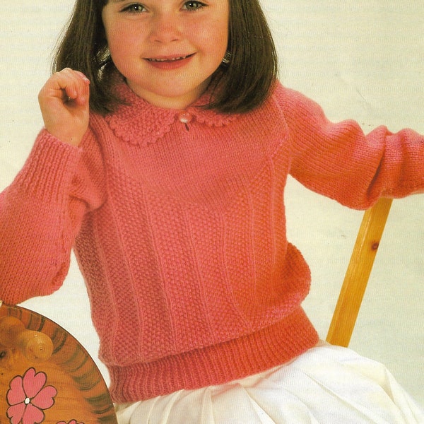 Peter pan collar girl's long sleeve jumper sweater DK knitting pattern PDF 22-26", 1980's Children's Vintage pattern Instant download PDF