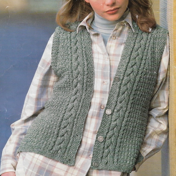 Womens waistcoat Aran knitting pattern, Sleeveless top, Button up vest, 32-42 inch chest, Winter wear pattern, Digital Instant download PDF