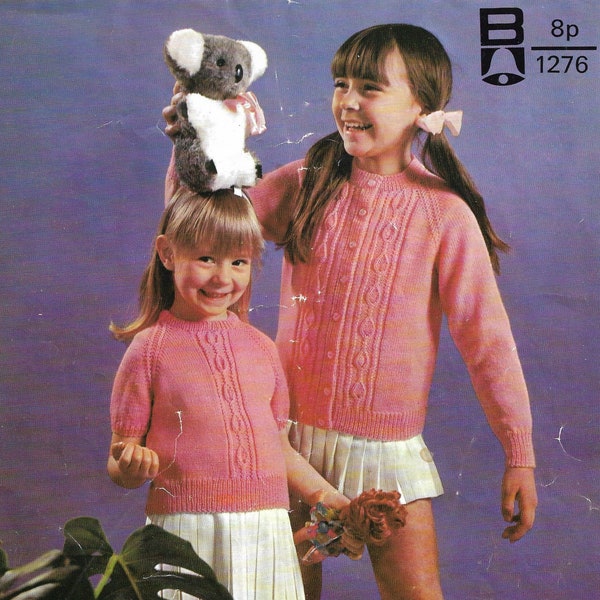 Kids round neck cardigan and short sleeve top for girl's 4 ply knitting pattern PDF 22-32", Children's Vintage pattern Instant download