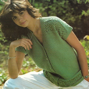 Vintage knitting pattern PDF, Womens summer short sleeve cardigan, V neck short sleeve button up sweater top DK 32-42&quot;, Instant download