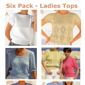 May include: Six different knit tops with short sleeves. The tops are in various colors, including white, beige, light blue, yellow, pink, and lavender. The tops feature different stitch patterns, including cable knit, lace, and openwork.