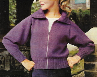 Womens Zip up cardigan knitting pattern, Ladies long sleeve jacket with collar top 32-40" Instant download PDF, 1970's Vintage knit pattern