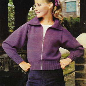 Zip up knitted short jacket cardigan with collar knitting pattern PDF 32-40" Instant download, 1970's Vintage pattern digital download
