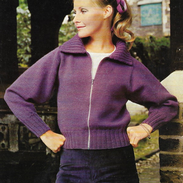 Womens Zip up cardigan knitting pattern, Ladies long sleeve jacket with collar top 32-40" Instant download PDF, 1970's vintage knit pattern