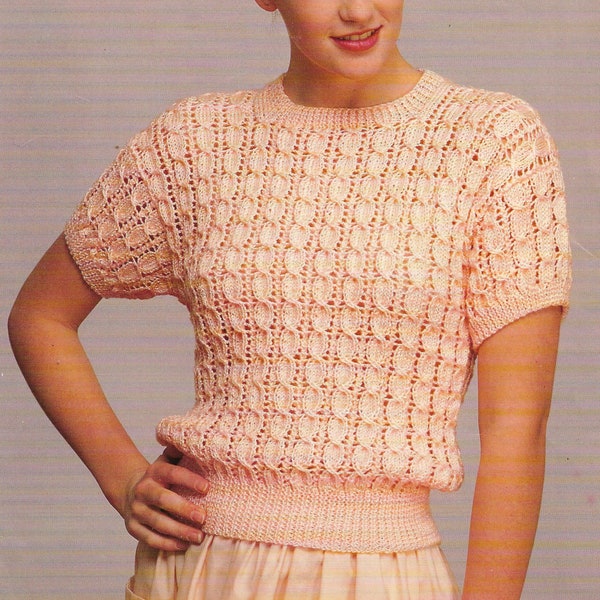 Womens short sleeve sweater knitting pattern, round neck short lacy summer top 30-38", DK Double knit vintage pattern, Instant download PDF