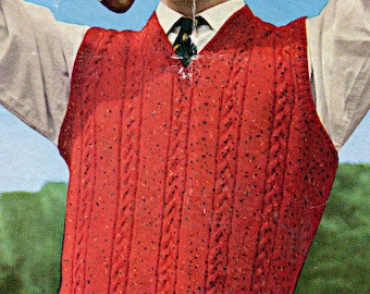 Modèle de tricot pour hommes avec col en V, manches ou sans manches PDF Modèle de tricot 4 épaisseurs Téléchargement instantané 38-42 pouces, modèle PDF vintage des années 1950