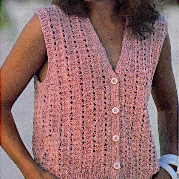 Women's waistcoat button up V neck sleeveless knitting pattern PDF 32-42", Ladies 1980's knitting pattern Instant download retro pattern PDF