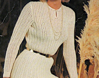 Lady's round neck long sleeve dress in 4 Ply knitting pattern PDF 32-38" bust, 1980s 4-Ply knitting Instant download, retro knit pattern PDF