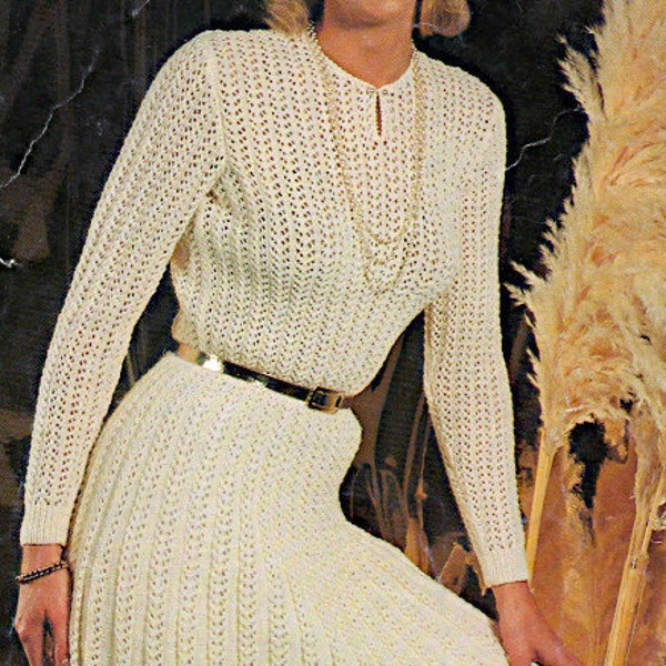 Lady's round neck long sleeve dress in 4 Ply knitting pattern PDF 32-38" bust, 1980s 4-Ply knitting Instant download, retro knit pattern PDF