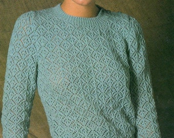Ladies round neck long sleeve sweater top  4 ply knitting pattern PDF 34-40", 1980's 4 ply knitting Instant download retro knit pattern PDF