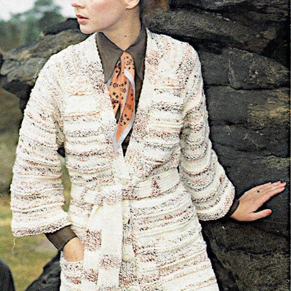 Lady's long length button up chunky knit jacket with belt and pockets PDF 32-40", 1970's Vintage pattern instant download PDF